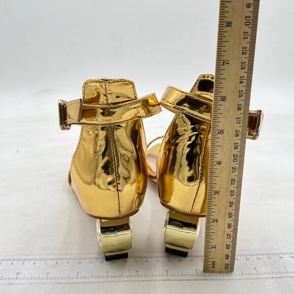 FYS Gold Rhinestone Studded Round Toe Sandals Ankle Strap Block Low Heels Shoes - Picture 5 of 8